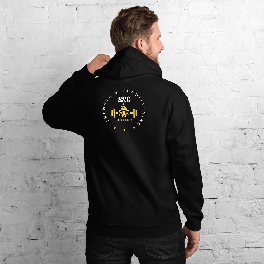 Heavyweight black hoody photography from back with large logo "S&C Science"